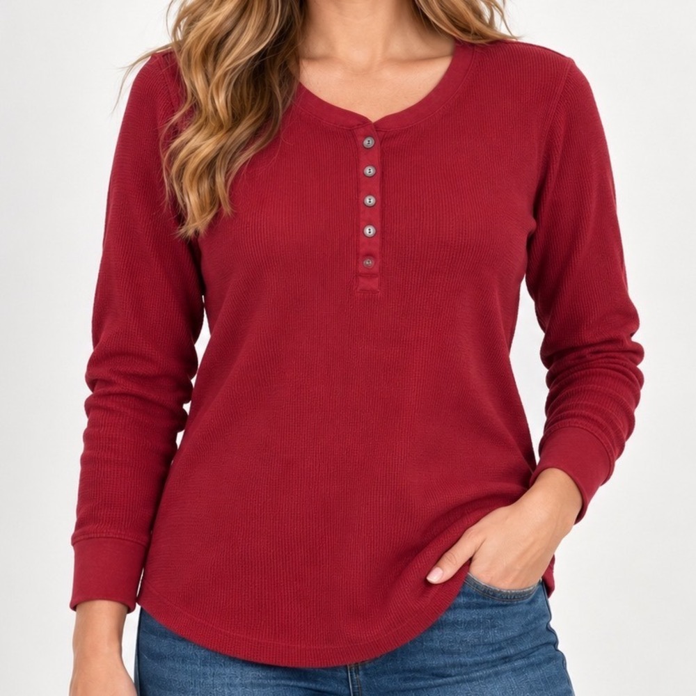 Natural Reflections Red Waffle Knit Henley Top L Thermal Outdoorsy Rustic Fall